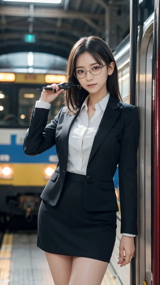 alone、solo、OL in her 20s in office uniform posing for a photo、victory、Tsundere、Single knot、OL、suit、blue mini skirt、anger、small、Glasses、slim girl model photo、physical:the smallest middle-aged man in history、female model、Japanese female fashion model、(8k、RAW photo、highest quality、masterpiece:1.2)、(real、photorealistic:1.37)、Super detailed、Ultra high definition、office Street、 standing position、whole body、((((SEXY)))