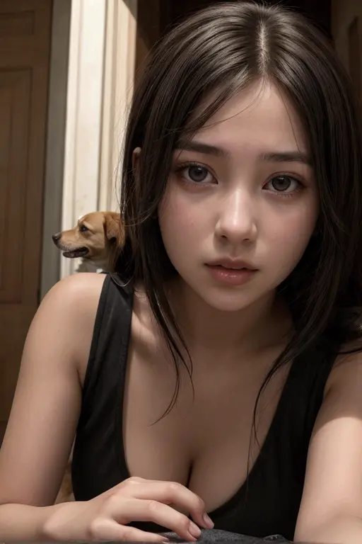 A young woman being caught by a dog