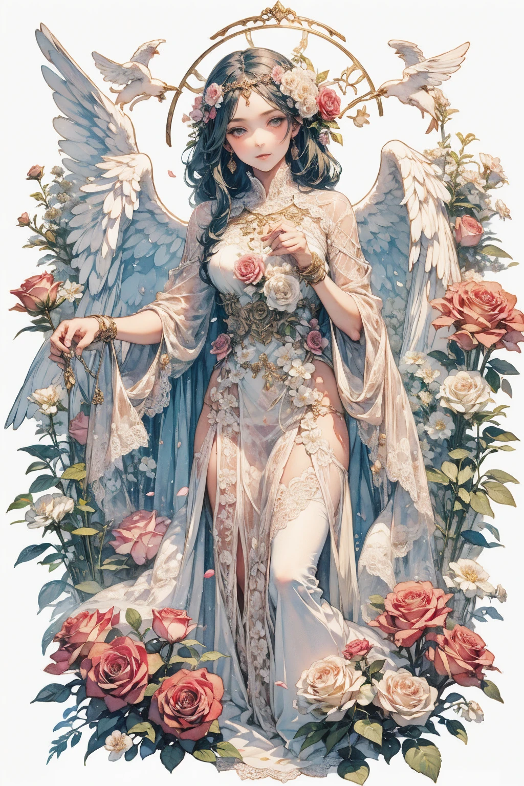 vetorial art style,Stained glass, beautiful vintage woman,Hands at waist level.open angel wings,alphonse mucha style,Intricate flowery background