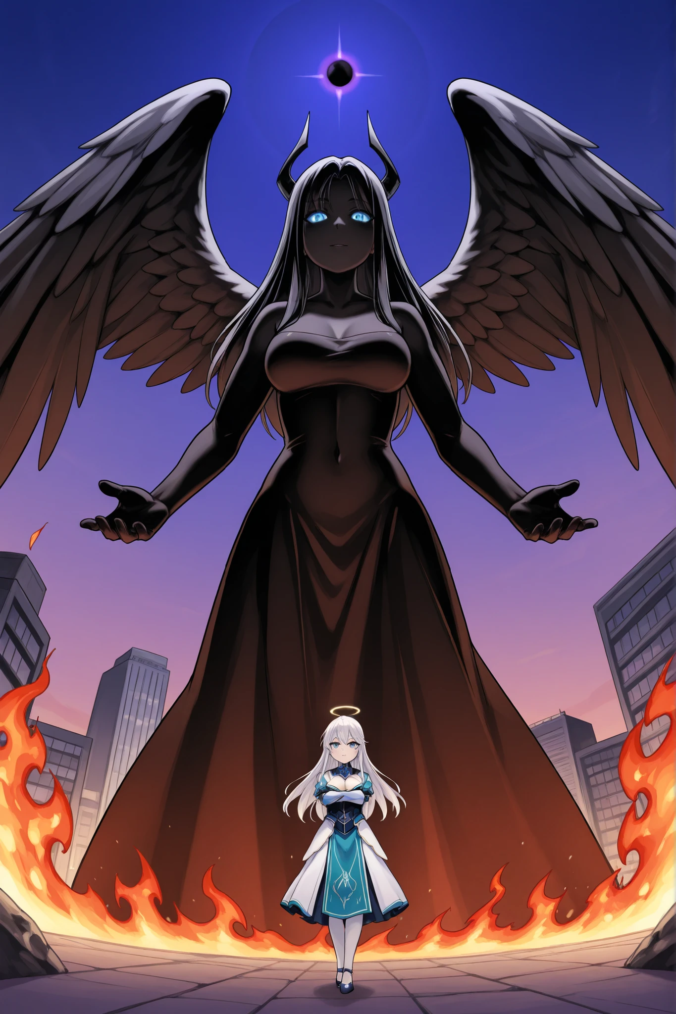 A towering, ominous figure, the Angel of Darkness, stands poised, with the world cradled in their hands, as if holding a delicate, fragile orb. Their dark, feathered wings stretch wide, casting a foreboding shadow. The Angel's face is a picture of serene intensity, with piercing, ember-like eyes that seem to burn with an inner fire. Their skin is a radiant, porcelain doll-like complexion, with subtle, almost imperceptible cracks and fissures, as if their beauty is tempered by the weight of their darkness. In the background, a cityscape burns, with flames and smoke billowing into the night sky, as if the very fabric of reality is unraveling. The atmosphere is heavy with tension, as if the viewer is witnessing the precipice of an epic battle. A lone figure, a hero, stands defiantly in the foreground, their determination etched on their face, as they clutch a sword, ready to face the darkness head-on.