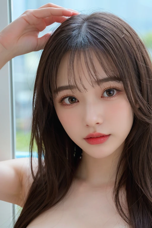 ((Near the huge summer pool)), Real、8k、 ((Anatomically correct)), ((Perfect balance)) , 28 years old、1 female、 A close-up of her face:0.6, Top quality soft lighting, ((realistic perfectly round brown_eye:1.3、Big Eyes、Dripping eye)), (Light pale complexion), ((Detailed pupils:1.4)), (Perfect Makeup:1.3), (Symmetrical lips:1.3)),(Bright shiny red_lipstick:1.35), ((Blue eyelashes: 1.17)), (Very detailed, Beautiful little nose:1.2), (Perfect composition), ((Sunburned skin:1.28)), ((Oily skin)), ((The blackＹshirt, The blackチューブトップブラジャー) , The background is simple and blue, The gaze is directed downwards at a low angle、 (((Anatomically correct)))、（Perfect Body Proportions)、(Natural Hands、Natural Fingers、Natural Legs)