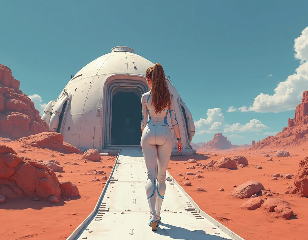((masterpiece, best quality)), ((25 year old)), (((Curvy))), (Caucasian woman with green messy hair), in grey strapless bra, ((grey cotton panties)), ((standing in the desert on an alien planet)), (Female astronaut standing in the background, (back towards the camera), (((realistic art style)))