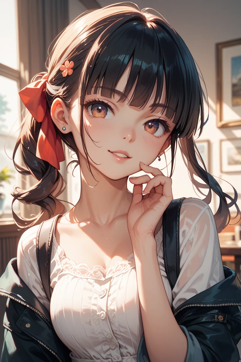 colorful, hezi, cosplay costume, beauty, stunning, 1girl, corded phone, solo, ring, jewelry, brown hair, realistic, talking on phone, phone, earrings, holding, parted lips, brown eyes, bangs, upper body, holding phone, curly hair, bow, looking to the side, bonnet, hair bow, blurry, lamp, lips, black eyes, indoors, blurry background, teeth, kettle, shirt, curtains, hand up, ons, red lips, looking at viewer, medium hair, hat, nose, cellphone, red dress, dress, short sleeves, short hair, looking away, blunt bangs, open mouth, window, lipstick