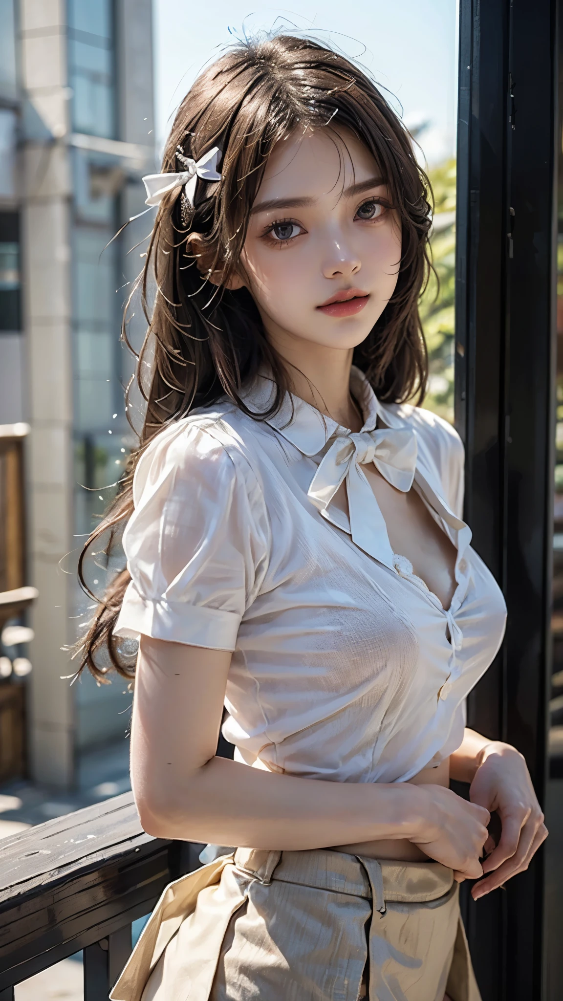 ((High school girl walking in a park by the lake))、((Wet white blazer with an emblem on the chest))、((Wet translucent white blouse、red bow tie、Dark blue checked skirt)). 40k, photograph, table top, highest quality, dark gray background, ((beautiful eyes、One girl in a wet brown pale short cut, . white skin, Versatile poses.((Medium chest,:1.1)),(nipple) highest quality, table top, ultra high resolution, (realistic:1.4), RAWphotograph, (perfect body shape), (slim:1.3), slimな腹部, Perfect slim figure, dynamic pose, (((big :0.9))), alone, Cold light 12000K, very detailed facial and skin texture, fine eyes, realistic eyes, 美しくfine eyes, (realistic skin), charm, ultra high resolution, 超realistic, very detailed,、((she is wet)),