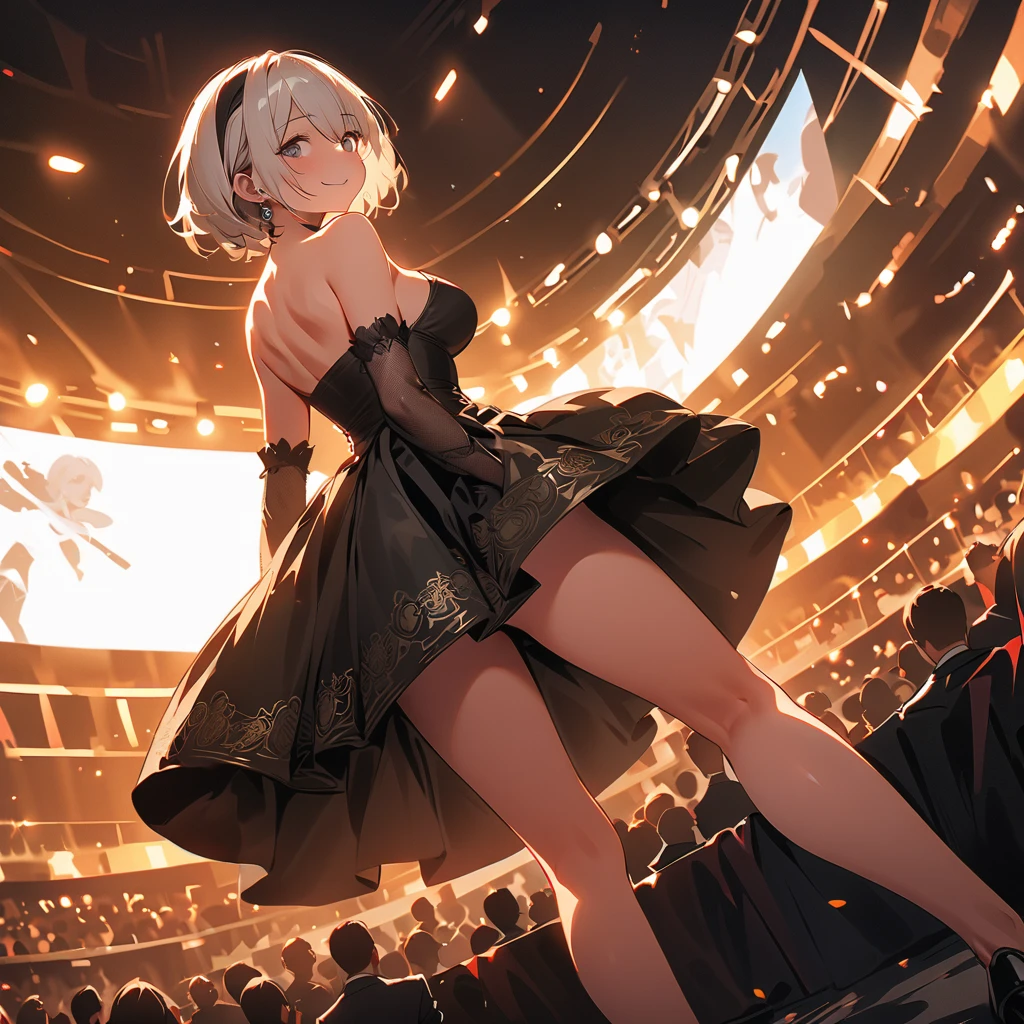 Masterpiece, best quality, 1girl, supermodel on a catwalk, cut out dress, high heels,  ((arms behind back)), looking down, cleavage, very busty, small waist, large hips, blonde, , green eyes, from front, stage, crowd, dark, camera flashes, realistic, spotlight 
