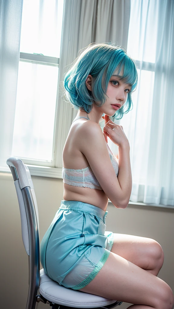 (highest quality, 32k, High resolution, masterpiece:1.5, ), Haunting fantasy portrait in abstract style, ((In a swirl of fantastic pastel colors and soft light)), Evoking a sense of soothing tranquility and elusive beauty, Award-winning masterpiece with amazing details, Color and shape, expression of emotions, rich in imagination, cute japanese woman, perfect human anatomy, big magical eyes, gentle smile, Motherhood and tolerance, ((shiny ice green hair)), Beautiful ponytail, asymmetrical bangs, smooth and soft skin, thin eyebrows, clear double eyelids, pale pink lips, ((turquoise lace underwear,)), High resolutionの完璧な鎖骨, High resolutionの美しい胸元, Slender body with plump breasts, High resolutionの美しい太もも, soft sunlight, professional lighting, professional photographer, Professional models,mysterious