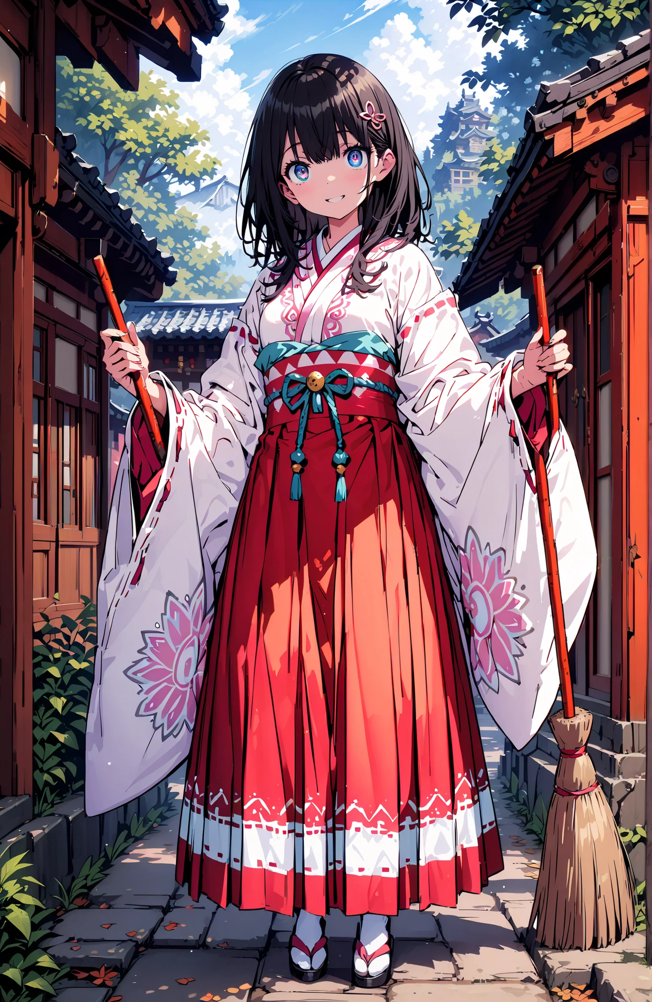 It's because of Rikkata, black hair with a young pattern, blue eyes, MEDIUM HAIR , smile,cover,Open Your Mouth,Orange wrist scrunch, Shrine maiden, kimono, object, Red Hakama Skirt , Wide Sleeves, long sleeve, ribbon trim sleeve,holding a broom grip with both hands,cleaning, standing on a stone staircase,noon,full bodyがillustrationsに入るように,break outdoors, shrine,
break looking at viewer,full body,
break (masterpiece:1.2), Best Quality, high resolution, Unity 8k 壁紙, (illustrations:0.8), (beautiful detailed eyes:1.6), very detailed face, so that it fits into the illustration, Extremely Detailed CG, (perfect hand, perfect anatomy),
