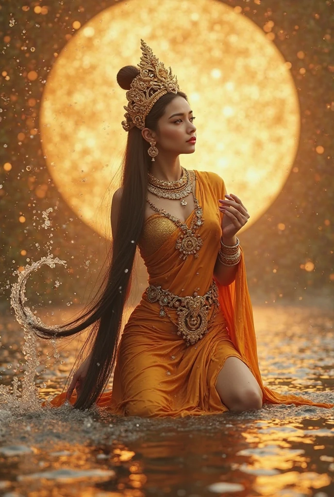 A woman playing a shankh with both hands