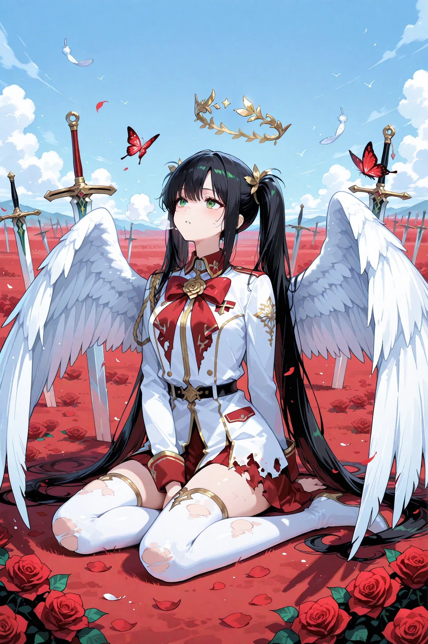 A single girl with long black twin tails adorned with soft red butterfly ribbons, sitting relaxed on the ground of a battlefield, her sword resting casually at her side. She wears a striking red rose-themed military uniform, the fabric detailed with subtle floral patterns. Her green eyes gaze upward as she takes a deep breath, surrounded by scattered red roses that contrast against the dim, moody air of the war-torn scene. Behind her, the Rose Angel emerges—large, ethereal angel wings unfurl majestically, their feathers shimmering faintly with a divine glow. Roses swirl and bloom in the air behind her, cascading down like a floral halo. The background is a simple, stark white, making the character and her angelic rose motif stand out vividly.


