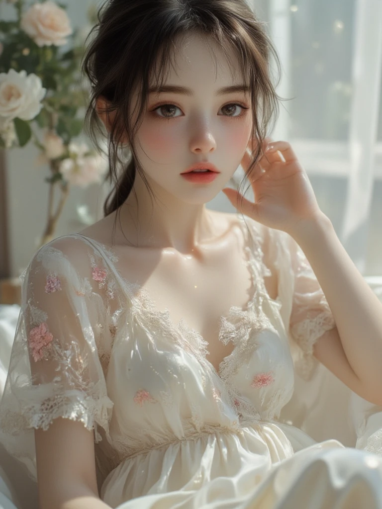 Sleeping girl, 19 years old, realistic, she is wearing small dress, she is wearing transparent dress, [nfsw,],brown hair.