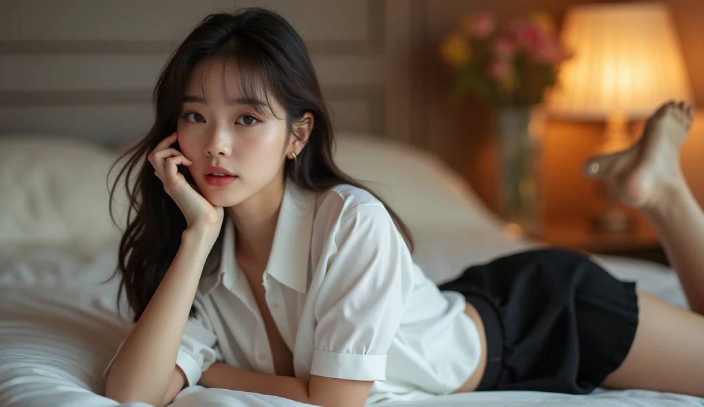absurdres, RAW photo, extremely delicate and beautiful, masterpiece, Best Quality, ultra high resolution, 32k, hyperrealistic, ultra-detailed, perfect figure, in her 20s, very small head, very small face, delicate facial features, tearful mole, earring, huge breasts, legs, full body shot, medium hair, black hair, Colored inner hair, sweat, school_uniform,