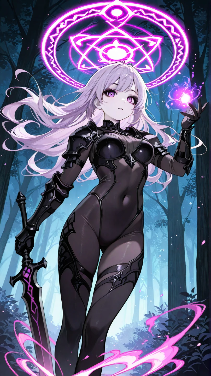 A cute woman is an evil elf (ivory skin, violet hair, violet eyes, extremely small sexy outfit, daggers in hand) she is in a menacing sexy stance, dungeon