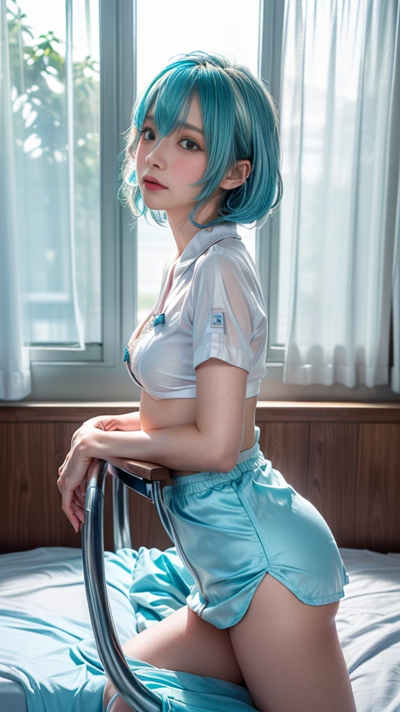 (photo realistic1.5),ultra detailed,(8K),(1girl),(cyberpunk),ruins,(bed:1.2),(cyberpunk costume:1.2),Future Items,topless,(small nipples),(big breasts:1.2),gravure,beautiful Japanese,clothes in disarray,earrings,shorts or skirt,(from above:1.5),(looking at viewer),(kneeling pose),smirk,(upper body),(spread legs:1.2),((light blue hair)),(short hair),22years old,