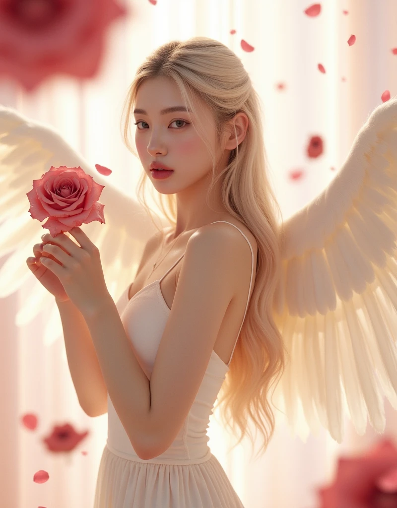 White heart, big white bird, red rose