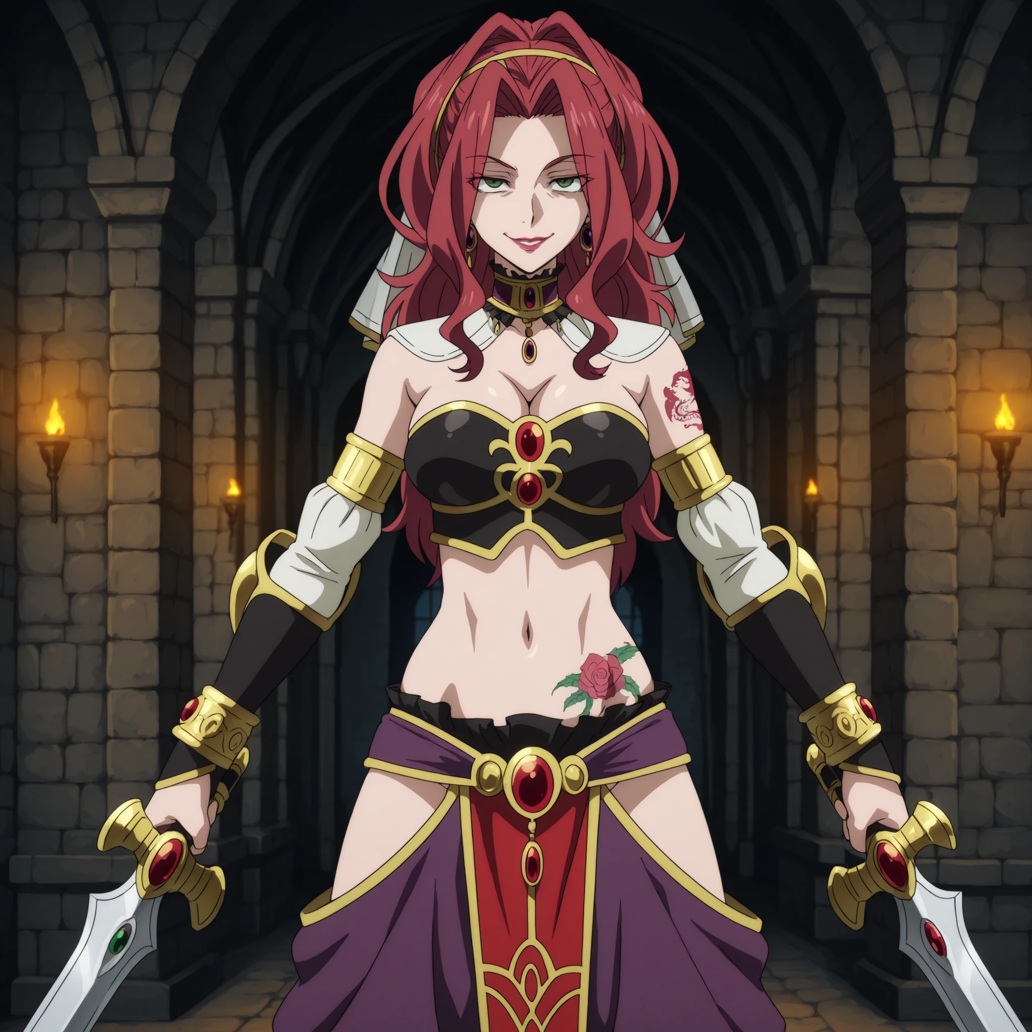 Malty Melromarc (The Rising of the Shiel) beautiful body,athletic body, beautiful breasts, bracelets,ring,braceletes,collar,tiara,visible private parts , ultra detailed image, anime image ,girl, anime malty, medium Breasts, excitement, red hair, green eyes , ear piercing, long hair, lipstick,Hot girl, baddie, sensual, attractive ,jewelry, earrings, large breasts, long hair, attractive , neck ring, harem pants, elbow gloves, midriff, earrings, hip vent, baggy pants,, castle,inside castle, masterpiece, best quality, highly detailed ,gold_choker, complex detailed background, inside, holding a sword, sword,harem_outfit,navel, necklace, pelvic_curtain,revealing_clothes, veil, masterpiece,best quality,mature,evil smile ,necklace,pendant, (nsfw) not safe for work, exposed belly, exposed navel, midriff, exposed lower belly, ,cleavage, ,, dragon tattoo , narrowed eyes , tattoo midriff ,, dual wielding, open arms sideway, arms T-pose, smirk, standing, anime girl T posing