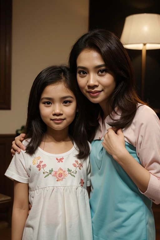 (extremely detailed 8k wallpaper), (30 years old woman with her daughter), fine focus, ((south-east Asian)), (subsurface dispersion:1.1), (((short black hair))), expression ((smiling)), award-winning photography, in a house.