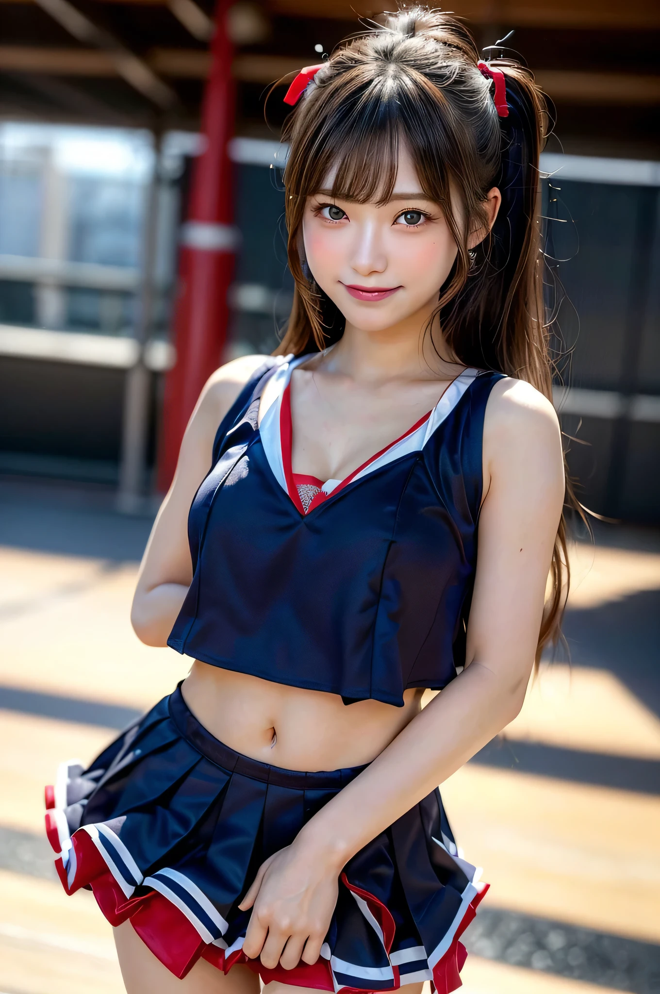 (スカートを持ち上げて股間を見せつけて誘惑するcheerleader:1.3), ( photogenic quality , Faithfulness:1.9, Ultra-high-precision CG integrated 8K wallpaper), Best Quality, high resolution, RAW photo, nsfw:1.5,( real skin texture :1.3), (immersive atmosphere:0.8, chiaroscuro:1.2), (Japanese girl who is a very beautiful sex worker), textured skin, very detailed face, (hehe:1.3), beautiful girl, smile, (photorealistic:1.3), a beautiful woman with a perfect figure:1.3, (Big Breasts:1.3), (wave hair), very detailed faceと肌のテクスチャ, cheerleader, cheerleader costume with wide open chest:1.2、micro mini skirt:1.0、Red pom-poms, smileで弾む, Sunlight reflection