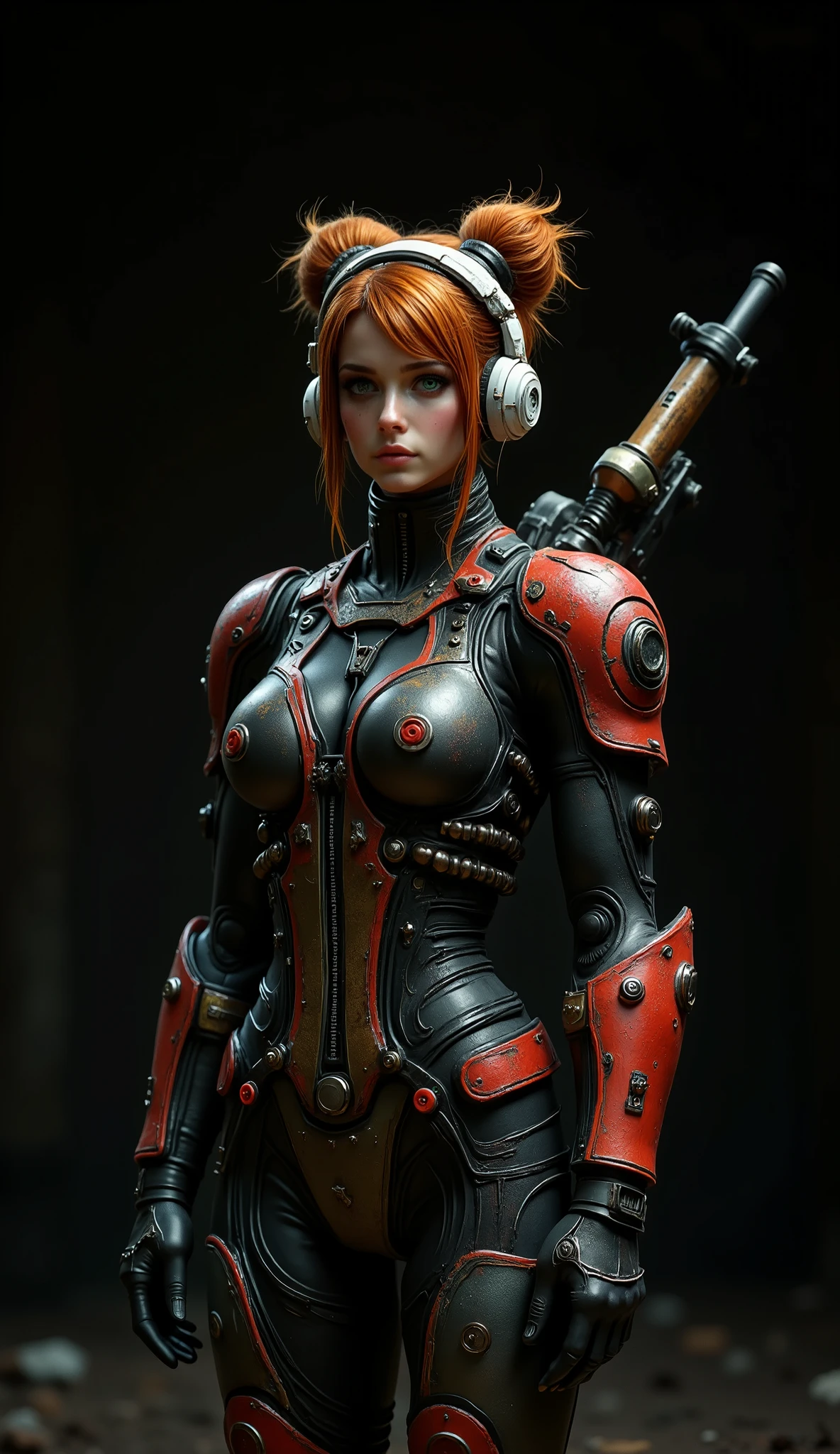 (High Resolution, Masterpiece: 1.2), (current: 1.37), (best quality, high resolution, super detailed, current), fascinating dark fantasy 8k, Masterpiece, Superior Quality, High Angle, woman, young, 25 years old, orange red hair, a bun on each side of her head, very detailed and disheveled hair. She wears a very technologically advanced white headset with a built-in microphone. Dark green eyes, long eyelashes, thick, moist, half-open lips. She looks at the camera expectantly and intrigued. She wears an advanced white and gray cybernetic bio armor, advanced and armored bio suite, mech warrior, bio armor worn and dirty from prolonged combat. In her hands she wields a very advanced futuristic assault rig, straps with extra ammunition and futuristic fragmentation grenades. Turned legs, very futuristic hydraulic mechanical boots. She looks sideways at the camera ready for another battle. Pure black image background ideal for wallpaper.
