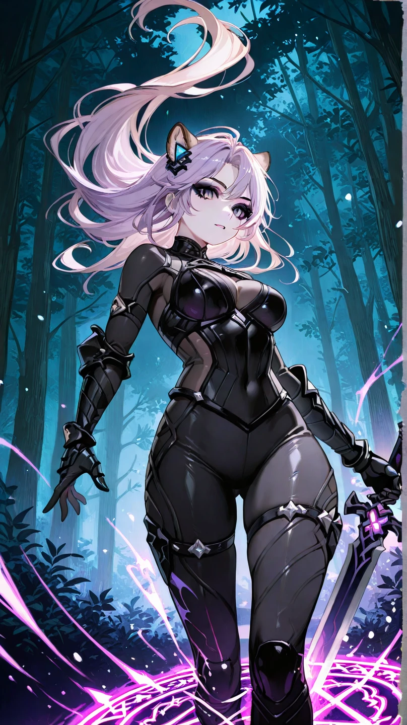 Masterpiece, Beautiful art, professional artist, 8k, art style by sciamano240, Very detailed face, Detailed clothing, detailed fabric, 2 girls, Soul Fullness \(Honkai Impact 3rd\), front view, standing, perfectly drawn body, shy expression, 4k eyes, very detailed eyes, pale skin, beautiful face, short dark blue hair, (shiny black tight bodysuit), black gloves, gloves that cover hands, (holding an ax with the right hand), Sensual Lips , evening de invierno, show details in the eyes, looking at the viewer, Dark road, dark forest, evening, Atmosphere, fog