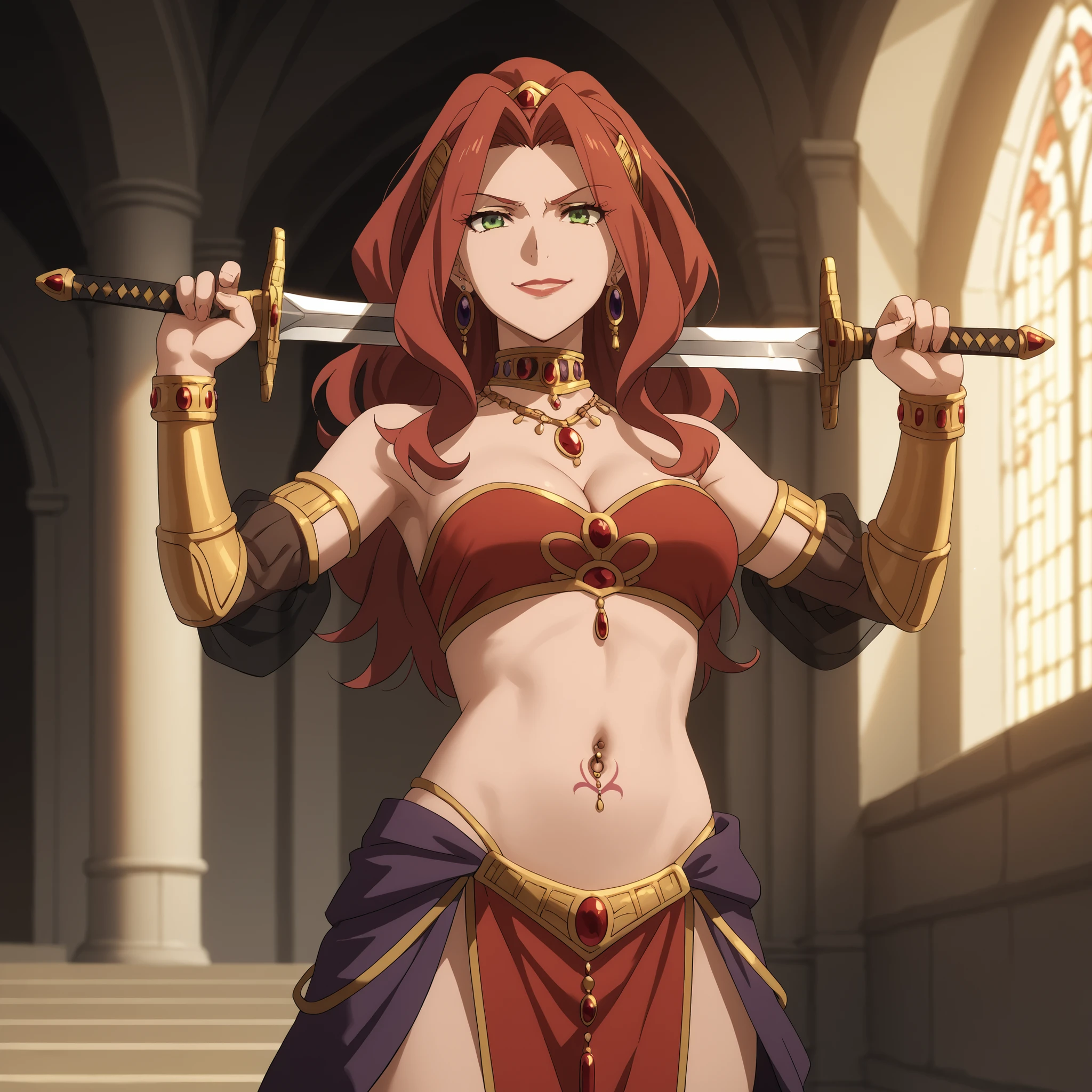 Malty Melromarc (The Rising of the Shiel) beautiful body,athletic body, beautiful breasts, bracelets,ring,braceletes,collar,tiara,visible private parts , ultra detailed image, anime image ,girl, anime malty, medium Breasts, excitement, red hair, green eyes , ear piercing, long hair, lipstick,Hot girl, baddie, sensual, attractive ,jewelry, earrings, large breasts, long hair, attractive , neck ring, , elbow gloves, midriff, earrings, ,, castle,inside castle, masterpiece, best quality, highly detailed ,gold_choker, complex detailed background, inside, holding a sword, sword,harem_outfit,navel, necklace, pelvic_curtain,revealing_clothes, veil, masterpiece,best quality,mature,evil smile ,necklace,pendant, (nsfw) not safe for work, exposed belly, exposed navel, midriff, exposed lower belly, ,cleavage, navel piercing, ,, dragon tattoo , narrowed eyes , tattoo midriff ,, dual wielding, open arms sideway, arms T-pose, smirk, standing, anime girl T posing
