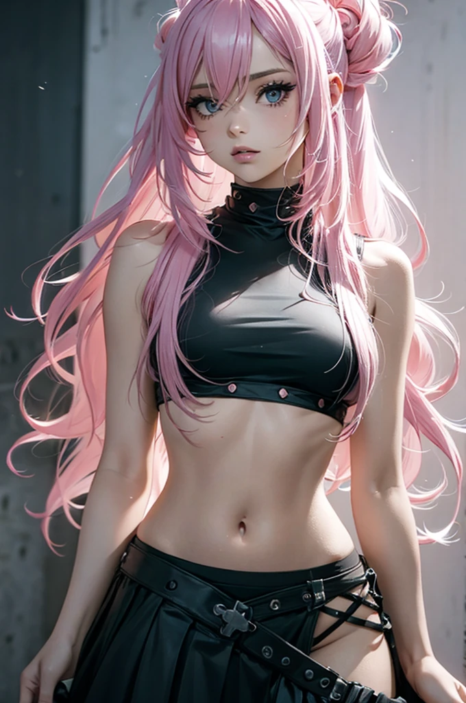 a girl wearing black top, fishnet, panties and pink hair, tattoo, 1girl, ultra detailed beautiful big deep blue eyes, pink hair, solo, fishnets, pantyhose, freckles, long hair, arm tattoo, looking at viewer, fishnet pantyhose, tattoo artist