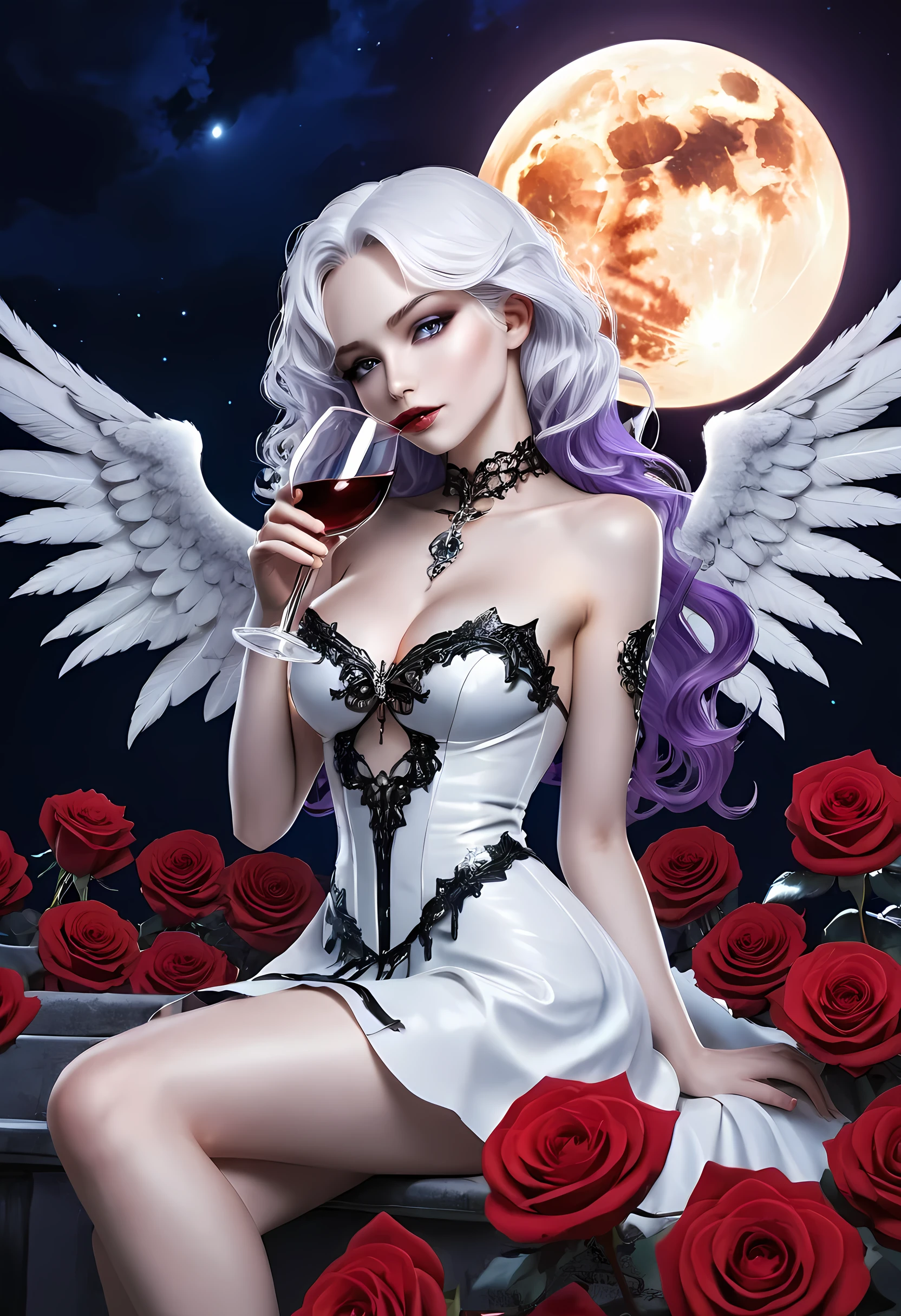 Dark fantasy art, fantasy art, goth art, a picture of a woman angel, drinking wine, pale white skin, white hair, Ultra detailed face, Best Detailed face, spread wings, long hair, wavy hair, purple hair, radiant eyes, blue eyes, she wears a white leather dress, delicate dress, small cleavage, there are roses imprinted on the dress, red roses, high heels, candles light, divine glamour shot, under the night sky, full moon, Cinematic Shot, fantasy, LOAsuccXL, strapless, anime