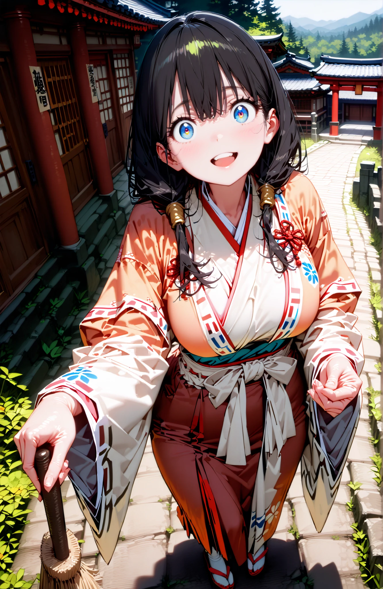 It's because of Rikkata, black hair with a young pattern, blue eyes, long hair , smile,cover,Open Your Mouth,Orange wrist scrunch, Shrine maiden, kimono, object, Red Hakama Skirt , Wide Sleeves, long sleeve, ribbon trim sleeve,Sandals, white socks,holding a broom grip with both hands,cleaning, standing on a stone staircase,noon,full bodyがillustrationsに入るように,break outdoors, shrine,
break looking at viewer,full body,
break (masterpiece:1.2), Best Quality, high resolution, Unity 8k 壁紙, (illustrations:0.8), (beautiful detailed eyes:1.6), very detailed face, so that it fits into the illustration, Extremely Detailed CG, (perfect hand, perfect anatomy),