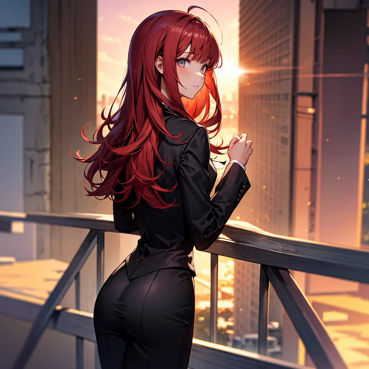 1girl, medium red hair, red eyes, wearing a black suit , city, absurdres, high res, ultrasharp, 8K, masterpiece, looking at viewer from behind