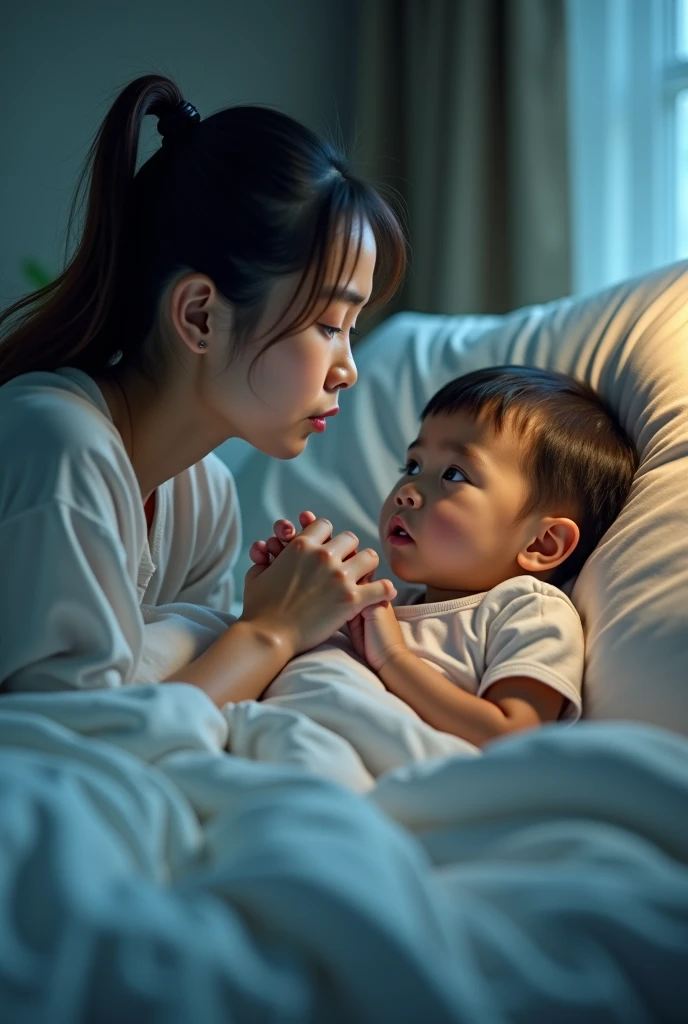 A child in bed and his mother at his side lifting him up