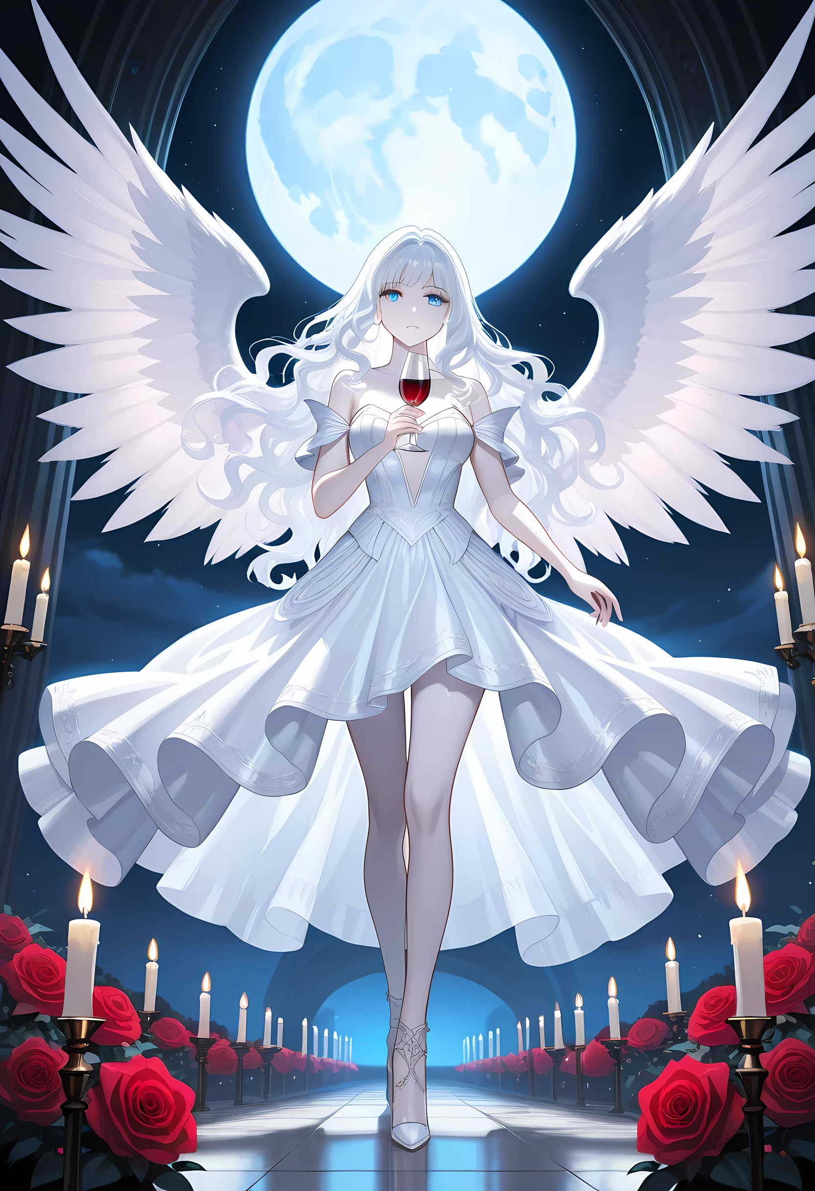 Dark fantasy art, fantasy art, goth art, a picture of a woman angel, drinking wine, pale white skin, white hair, Ultra detailed face, Best Detailed face, spread wings, long hair, wavy hair radiant eyes, blue eyes, she wears a white leather dress, delicate dress, there are roses imprinted on the dress, red roses, high heels, candles light, divine glamour shot, under the night sky, full moon, Cinematic Shot, fantasy, LOAsuccXL, strapless, anime