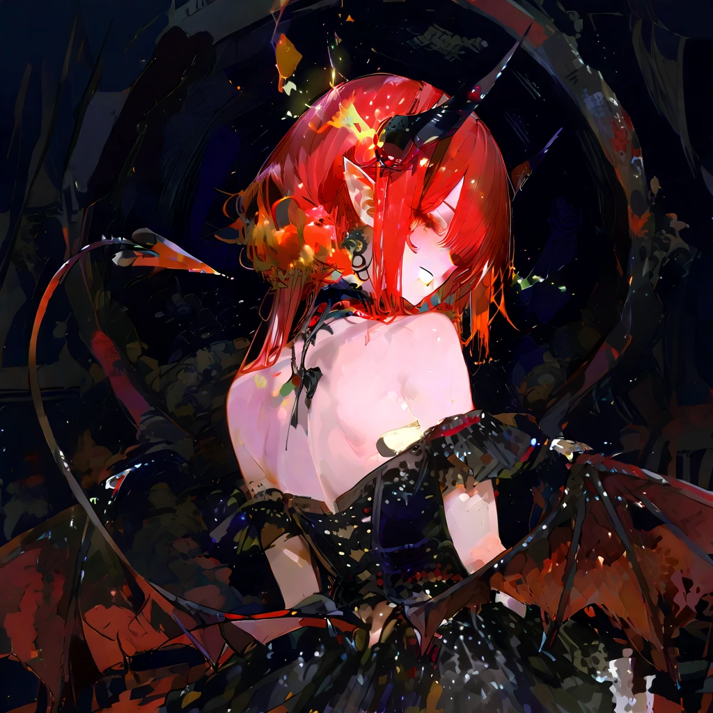 (flat color:1.3),(colorful:1.3),(masterpiece:1.2), best quality, masterpiece, original, extremely detailed wallpaper, back to viewer,1girl,solo,floating colorful water,black_lace,bongs,Bare shoulder,dress,Sitting position,red eyes, red hair, long hair, headdress,full_flowers,small breasts, lace gloves, ruins,Keep a straight face,lace shawl