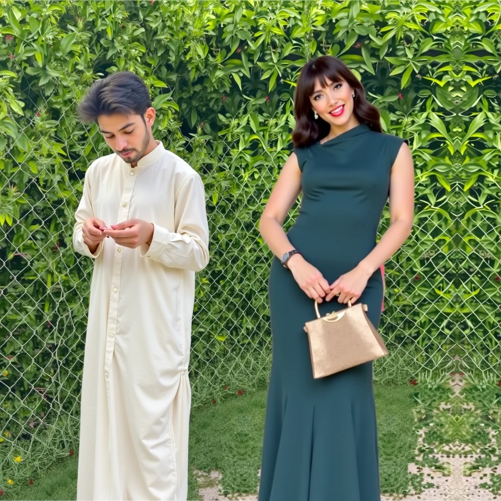 there is a man and woman standing together in a store, appearing in a shopping mall, in a mall, shot on nikon z9, 🤬 🤮 💕 🎀, at a mall, ghutra and egal, candid picture, wearing a kurta, profile pic, lovely couple, full body photogenic shot, taken with sony alpha 9, very very low quality picture