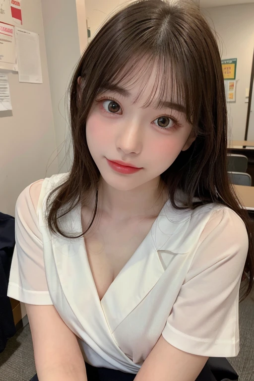 masterpiece, best quality, Super detailed, fine details, High resolution, 8K,wall paper, perfect dynamic composition,(Details High quality, realistic depiction of eyes:1.3), black hair color, Big Natural Color Lip,20 year old girl、cute type、lolita、(korean Nurse:1.4)、(hospitals:1.2)、nighttime scene、Hospital Room、a bed、is standing, (white nurse uniform:1.3)