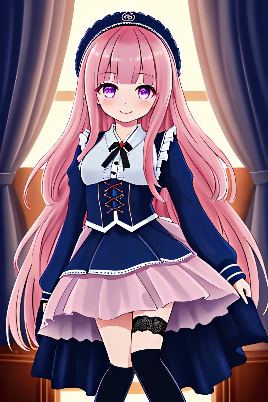 ( one girl on her back ), cute young girl, ( fearless smile ), Pink Gold Hair , purple eyes, (long hair), Liner Double, Navy blue clothes, gothic, ta Dress , Red Rose , navy blue mini skirt, white underskirt , White Knee High Socks ,black lace up short boots , ( portrait), cute, 8k, ( Jirai Fashion ), ((masterpiece)), (( Best Quality)), ( very detailed:1.2), ( high image quality:1.3), ( professional photo :1.4), ( Concentration ), perfect light, ( ), , eyeliner for thin legs , emo,