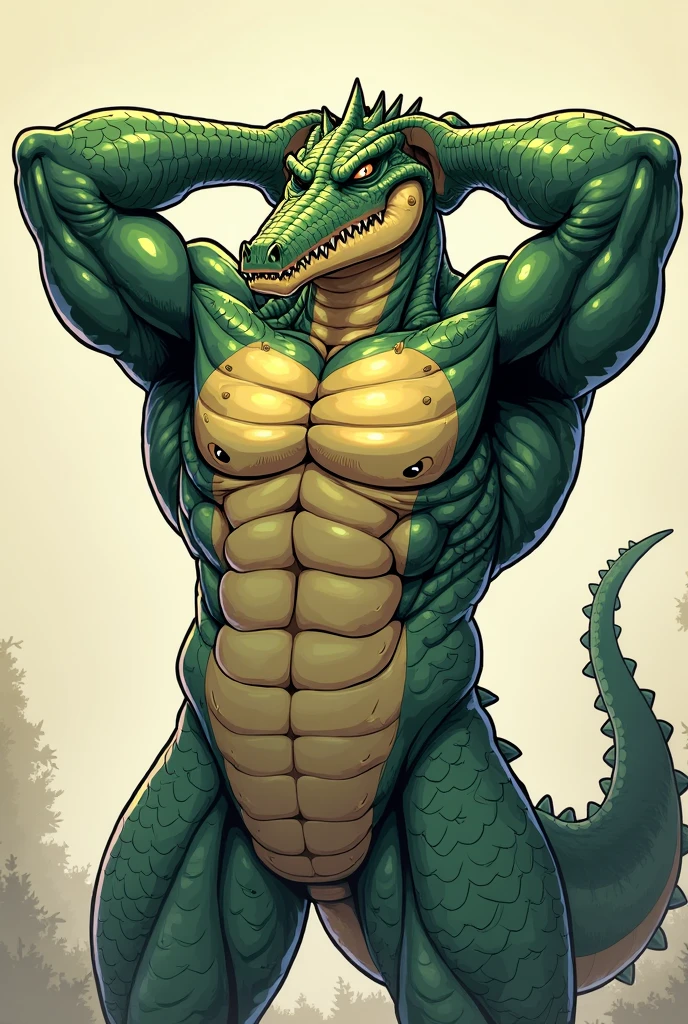 An incredibly detailed and ultra-realistic anthro_alligator (bara_alligator) with an extremely thick and fat body that exudes power and strength with Alligator Fat