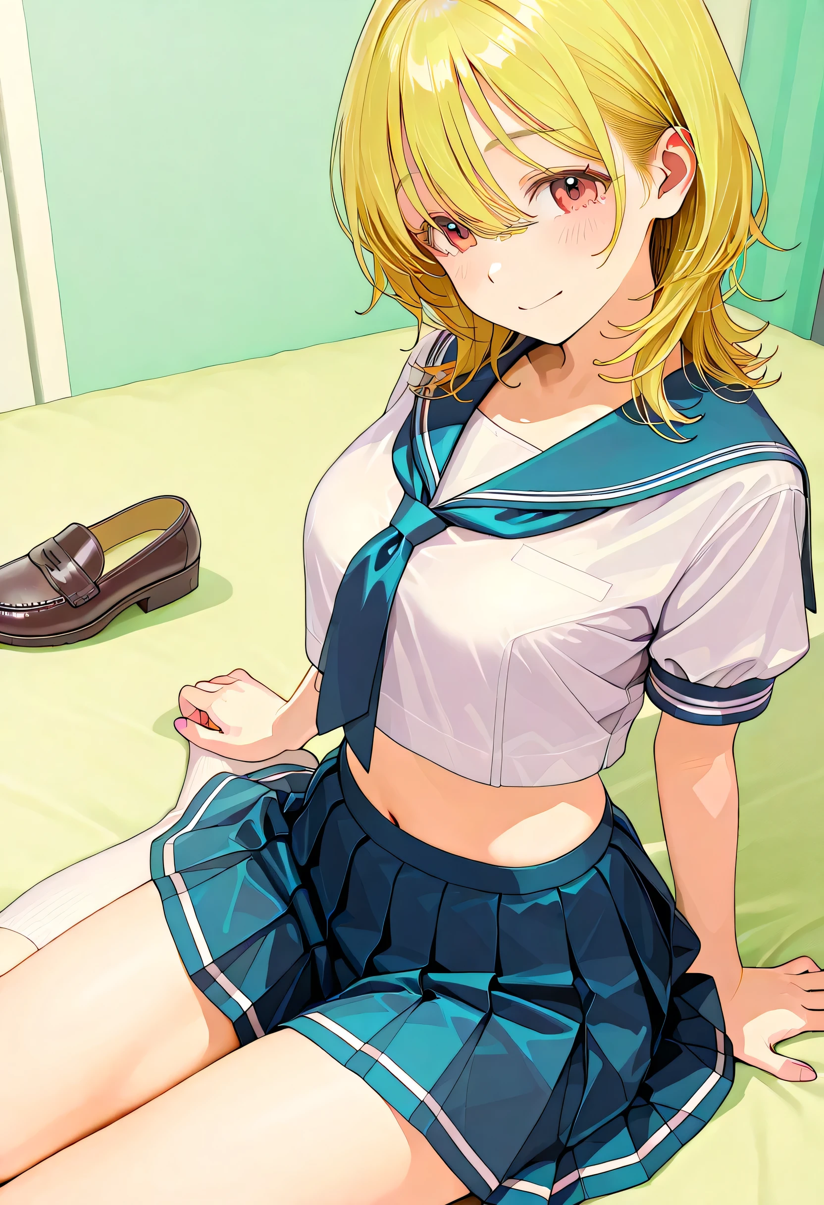 (ultra detail、Masterpiece、Best Quality、high resolution:1.8)、high image quality、Best Quality、High definition picture quality 、one girl、summer、Outdoors、(Out立っている smile、open your mouth, laughs:1.2)、(curvy body:1.2)、blonde(A )、short hair(neckline、Long pile )、unbelievably big huge breasts、sweats、 from yubi、black bra、Black Panties、navy blue sailor suit(Short sleeve、Can you see through bras due to sweat、 skirt long)、white high socks、 coin loafers 、pose