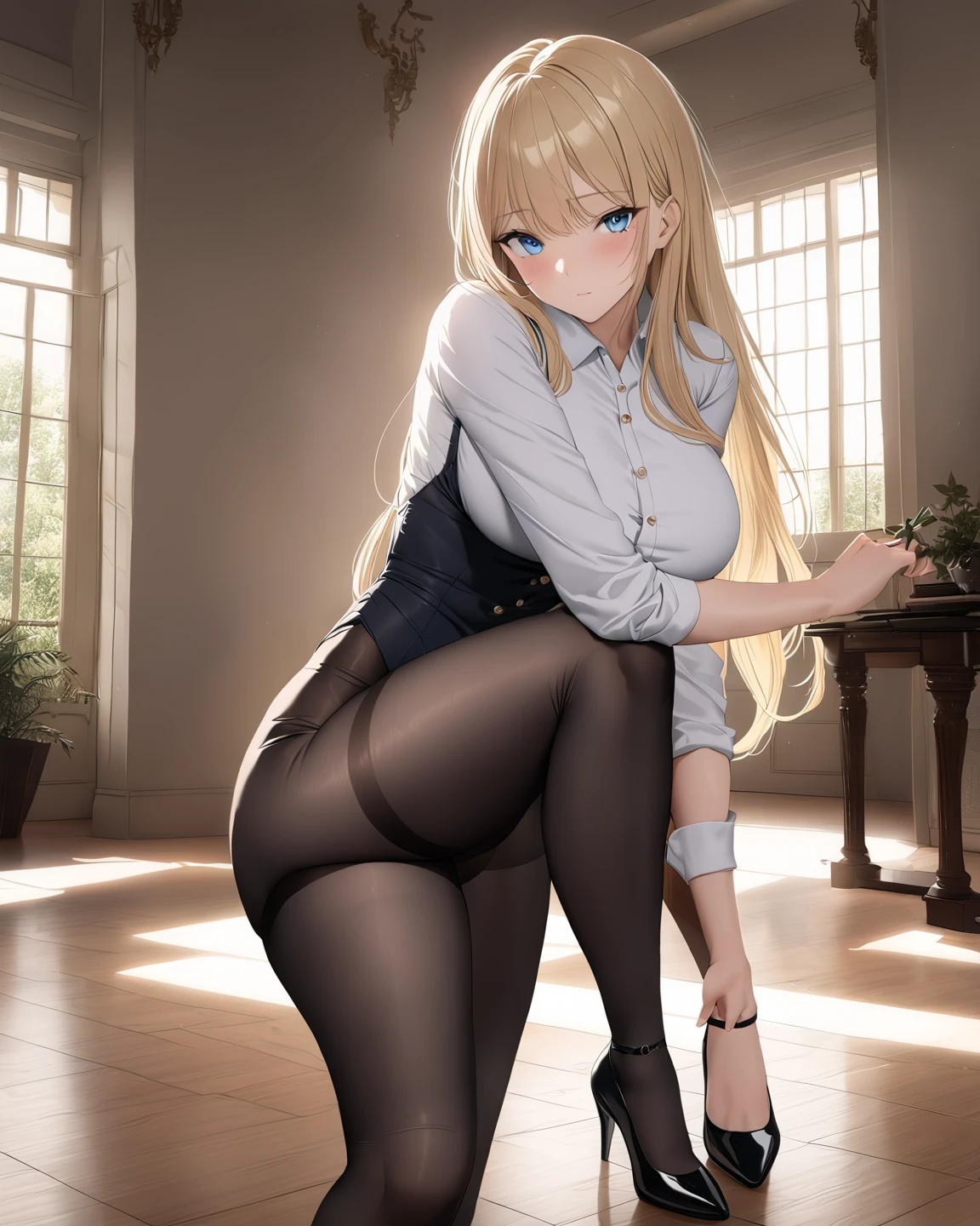 NSFW,(pale illustration,anime illustrations:1.2),(masterpiece, highest quality, so beautiful, Super detailed),textured skin, high details,8k,gleaming skin,pale outline

(hachimiya meguru, idolmaster:1.2),gold hair,

1 girl,middle breasts,shorty,happy smile,
nude,pantyhose,standing,
full body,from front,white and clean bedroom