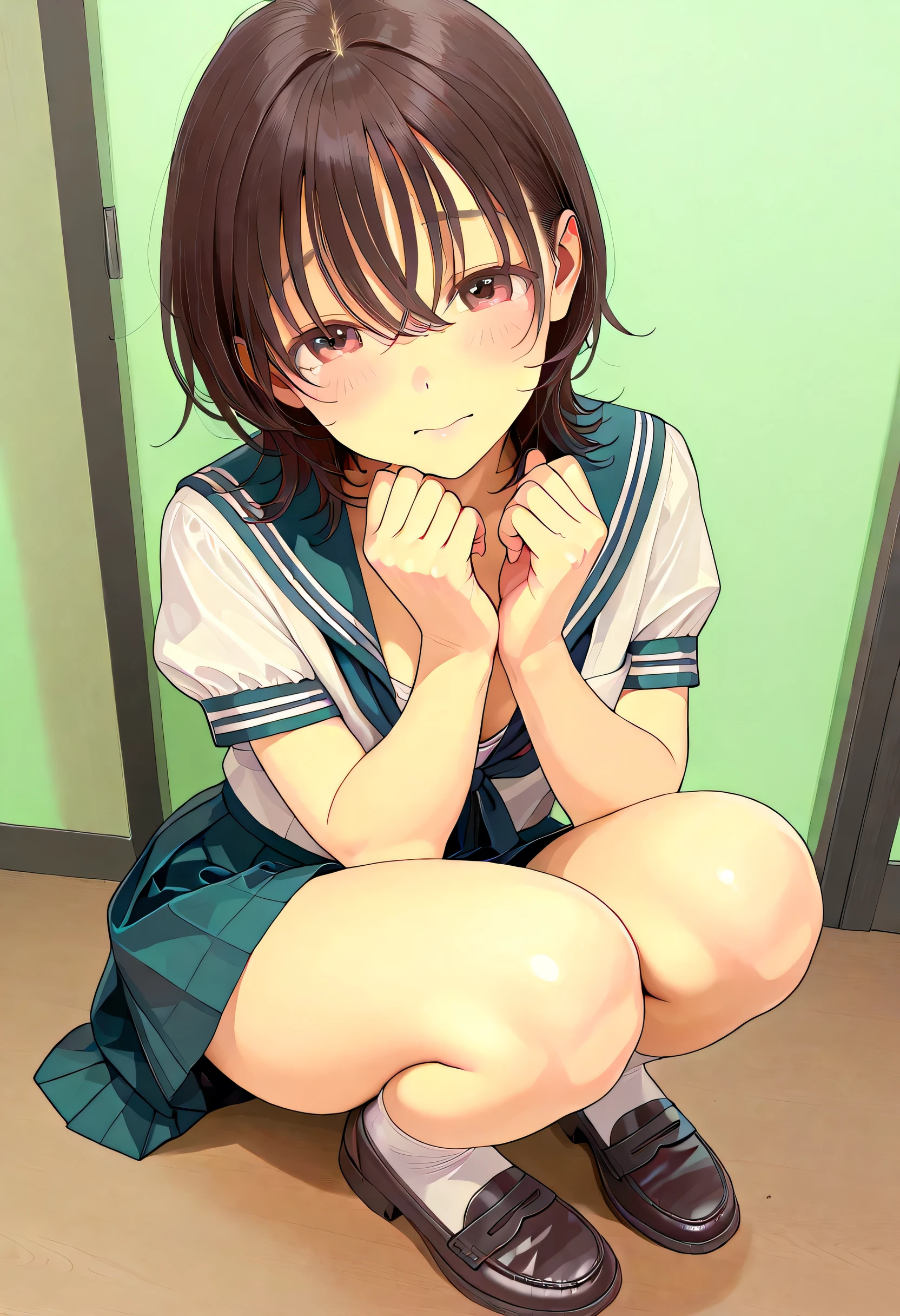 (ultra detail、Masterpiece、Best Quality、high resolution:1.8)、high image quality、Best Quality、High definition picture quality 、one girl、summer、Outdoors、(Out立っている smile、open your mouth, laughs:1.2)、(curvy body:1.2)、black hair mixed with blond、short hair(neckline、Long pile )、unbelievably big huge breasts、sweats、 from yubi、black bra、Black Panties、navy blue sailor suit(Short sleeve、Can you see through bras due to sweat、 skirt long)、white high socks、 coin loafers 、pose
