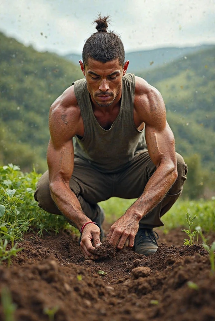 A man is planting a plant in dry mountain. I mean the picture is giving a message to all the human being to plant a tree to create more oxygen and to low sun temperatures