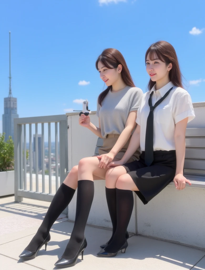 2woman,((1woman, (talking on the smartphone:1.5),(handling_smart_phone, smart_phone:1.2)),(looking each other:1),((Delightful demeanor:1.5)),((dynamic pose:1.5)), ((shoot from front:1.7)),23 years, 20 generations,very beautiful woman, Idol faces, Japanese actress, (black suits:1.3),(white blouse:1.0), (tight skirt:1.3),in shopping mall,bench,(looking away:0.5) ,(staring at smartphone:1.3), (sitting:1.5),(knees apart:0.8),(White panties are visible:1.2),(Completely Seamless panties:1.1), (cameltoe:0.3), (lace embroidery pantie:1), (beautiful legs:1.5),(cowboy shot:1),masterpiece, highest quality, 8k,(shiny skin:1),(extremely detailed skin:1),detailed face,Smooth Hairs,detailed eyes,Glowing black eyes,sparkling eyes,Childish,(smile:1.5),RAW Photos, Professional Lighting, Film Grain, chromatic aberration, (Small eyes and faces:1.0), (Bokeh:1.1),school bags