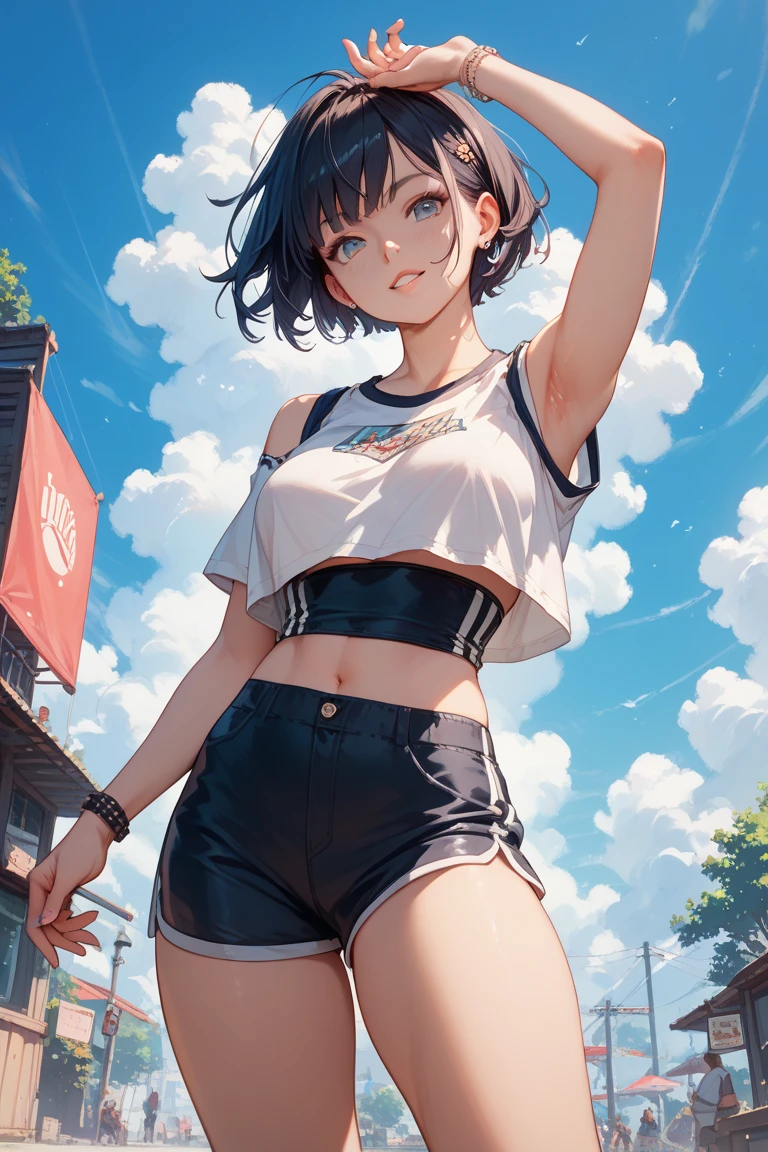(masterpiece:1.3),(highly detailed:1.3),(highres:1.1),best quality,Ultra-detail,1girl,solo,street,waving,centi \(supreme holiday\),baseball cap,white shirt,see-through shirt,navel,tank top,short shorts,sneakers,smile,looking at viewer,sexy, black hair, blue eyes