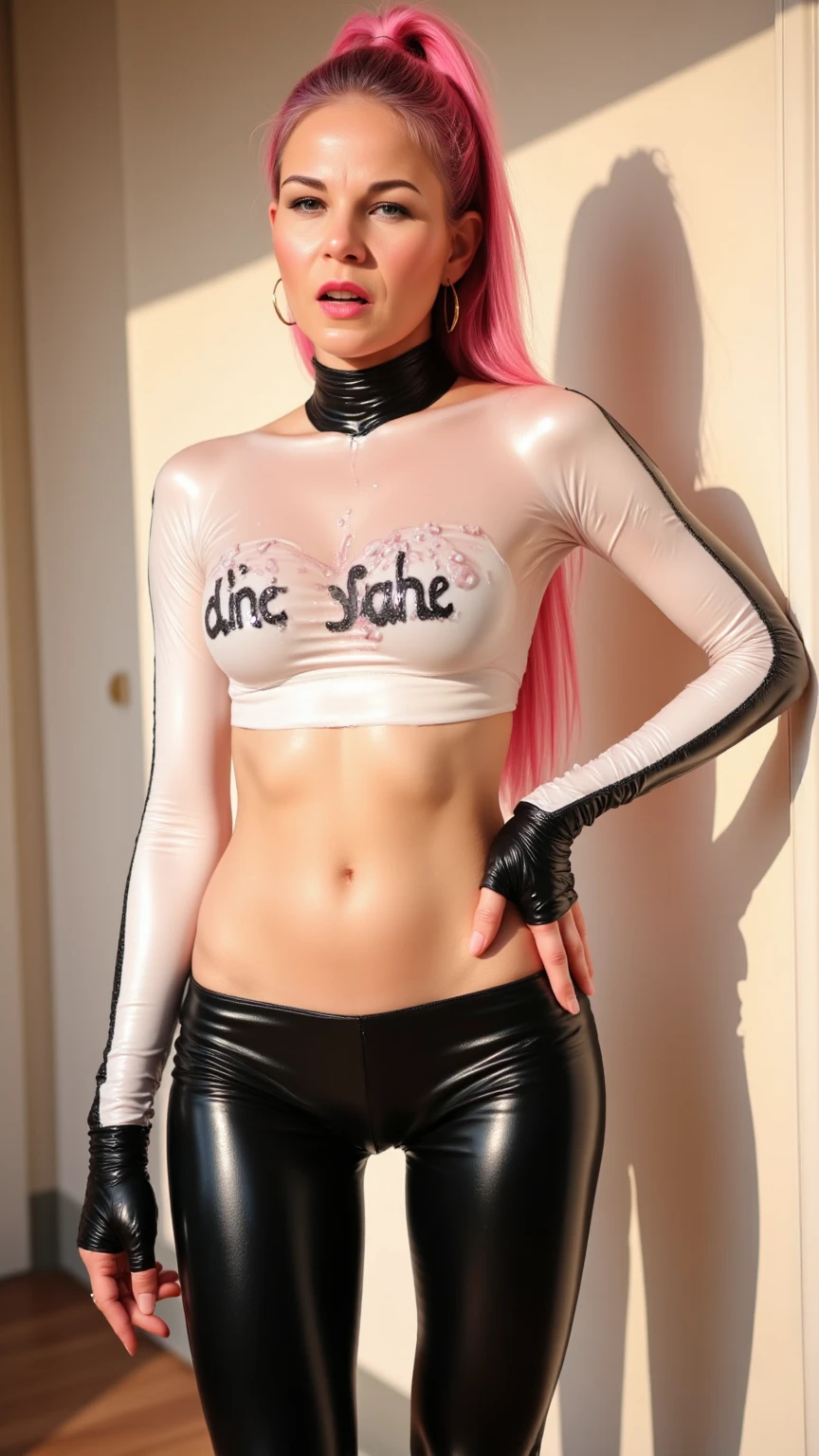 { 1 girl, young funk rock star, ((singing)) for concert, ((stadium)), daytime, ((crowds)), (squeeze breasts), (((low angle))), (((full shot))) }, { (masterpiece:1.4), (absurd resolution:1.6), (best quality:1.8), (photo realistic:1.8), (Luminous lighting:0), (Chiaroscuro:0), ((spotlight)) }, { ((young, cute, 20 years old)), (blushed:1.3),(open mouth),(weeping:0),(laughing:1.2),(excited:1.4), ((wet, soaked)), ((oily shiny skin)),(slender body),(big breasts),perky nipples,((big pelvis)),((tight muscles)),((tight abs)), ((bright pink color hair)),((side swept extremely long hair)),((windy)) }, { ((see through)) black and white skin-tight costume, ((under boob, turtleneck)), ((short skirt blown up)), (((see-through black panty))) }
