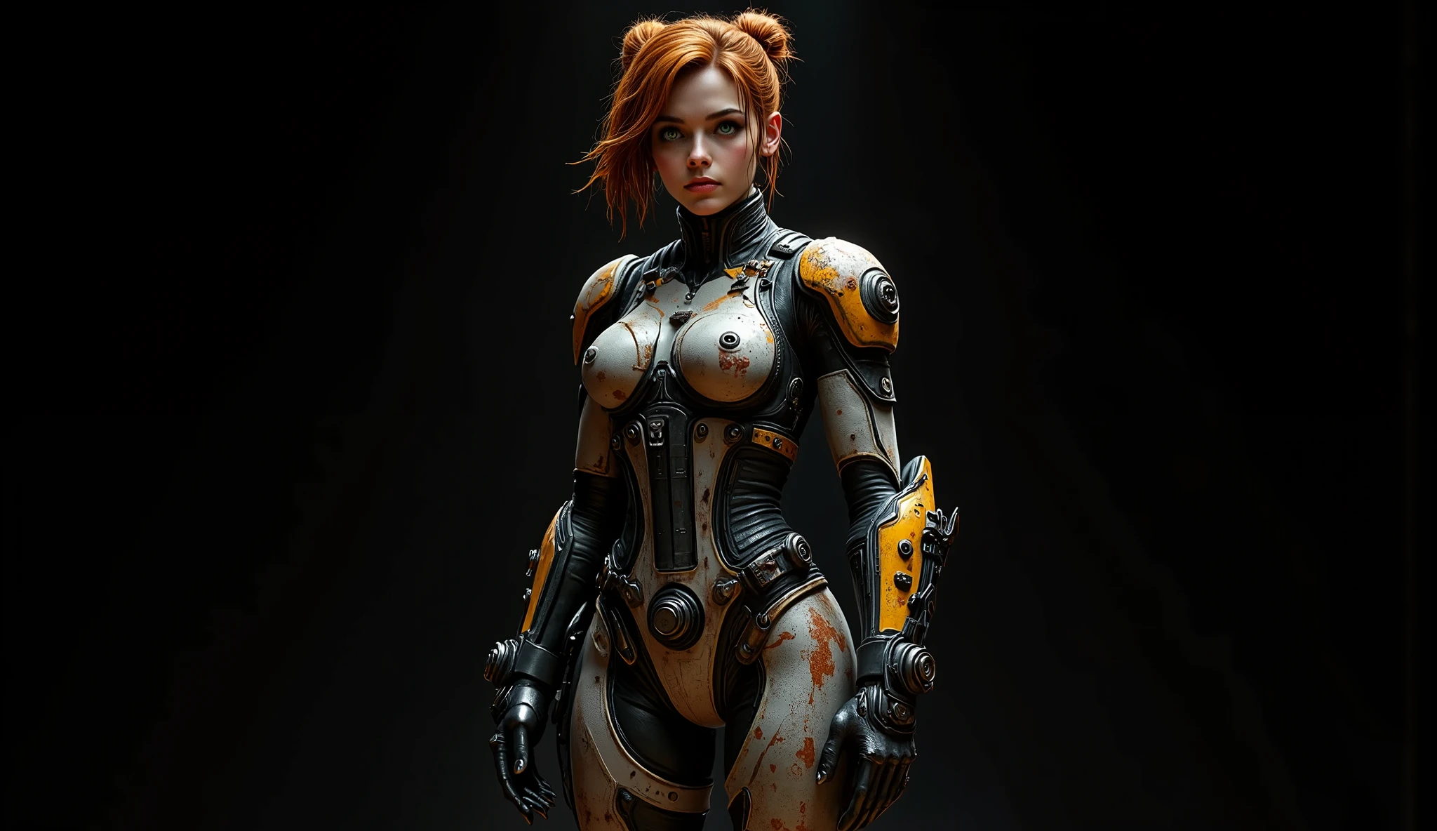 (High Resolution, Masterpiece: 1.2), (current: 1.37), (best quality, high resolution, super detailed, current), fascinating dark fantasy 8k, Masterpiece, Superior Quality, High Angle, woman, young, 25 years old, orange red hair, a bun on each side of her head, very detailed and disheveled hair. She wears a very technologically advanced white headset with a built-in microphone. Dark green eyes, long eyelashes, thick, moist, half-open lips. She looks at the camera expectantly and intrigued. She wears an advanced white and gray cybernetic bio armor, advanced and armored bio suite, mech warrior, bio armor worn and dirty from prolonged combat. In her hands she wields a very advanced futuristic assault rig, straps with extra ammunition and futuristic fragmentation grenades. Turned legs, very futuristic hydraulic mechanical boots. She looks sideways at the camera ready for another battle. Pure black image background ideal for wallpaper.