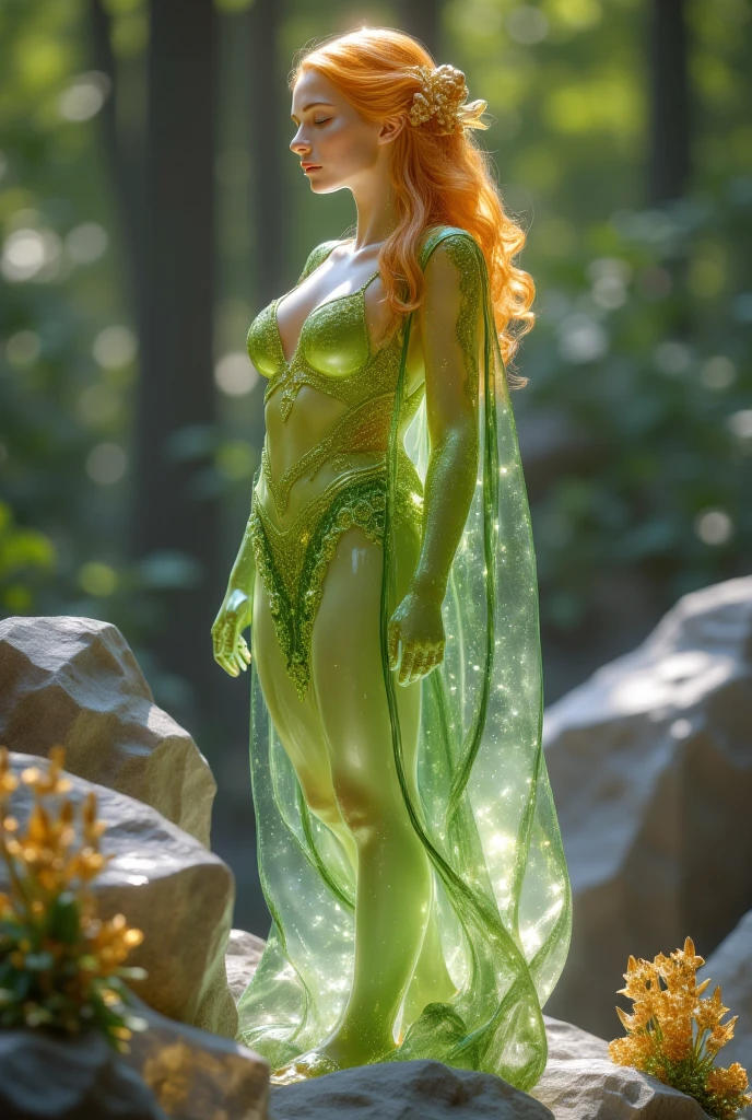 Redhead fairy in a green glittery translucent bikini, with fairy wings, full body, thin, lying on the bed