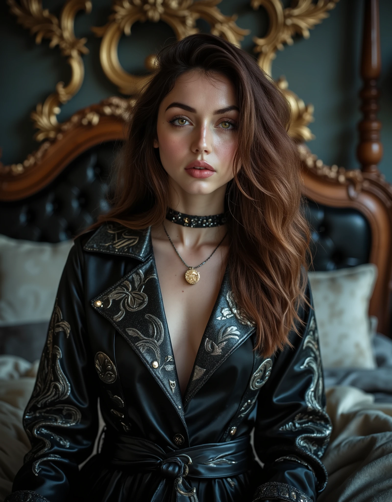 (Canon), (EOS R5), (85mm), ( No Lens Flare :1.5), (超high resolution), (masterpiece), (Anatomically accurate human structure), (realisticな質感の肌), Super Detail, High detail, winning work, Best Quality, 32K, depth of field, digital camera, Professional Lighting, ((Best Quality:1.5)), ((masterpiece:1.5)), ((realistic)), high resolution, (Deep cinematic depiction), ((dark fantasy atmosphere)), (Dark depiction ), (Has a gorgeous, long antique magic wand), ((full body shot with mahiru :1.5)), ((Upper body shot:1.2)), ((Semi-nude)), ((36-year-old Beautiful and Cute Cuban Actress with Top )), ((Ana de Armas)), brown black hair with waves , very sexy, Attractive, and seductive pose , Height: 168cm, Weight: 55kg, Muscular Slender Body, smaller bust, C cup, ((long hair with fluffy waves of chestnut hair:1.5)), (( beautiful castano-colored hair )), ((とてもほほ笑ましくAttractive笑顔で少し歯が見える :1.5)), ( well-shaped round butt ), (Pretty and Beautiful Magician)), ((The most beautiful and captivating female magician in the world)), (Slender slim style), ((Seats on a Luxurious, Antique Bed)), (standing beside the bed), smooth, (Straight castano-colored hair), (long, castano-colored hair), long bangs, (small, beautifully shaped bust), (C cup), (Tight, slender waist), (Extremely detailed and realistic skin :1.5), ((Extremely Detailed Realistic Hazel Eyes:1.5)), (Hazel Eyes), ((Extremely Sexy Beautiful Hazel Eyes :1.5)), (( catchlight in the eyes )), (( extremely detailed attractive and moisturized lips :1.5)), (( beautifully shaped big bust :1.5)), ((extremely detailed, attractive, and moisturized lips:1.5)), (( white teeth beautifully arranged )), ((antique and luxurious long coat style witch costume with elaborate silver patterns on black fabric:1.8)), (the front of the witch costume is open so you can see cleavage), (Off-the-shoulder showing shoulders), ((that can be removed and almost completely naked)), (gorgeous thick May wear red lace bras and panties), ((lots of antique magical necklaces:1.8)), ((lots of antique bracelets:1.5)), (large, antique earrings), ((antique pocket watch:1.8)), ((Sitting on a luxurious, antique bed:1.5)), Luxurious Black Stockings with Intricate Patterns, ((Magical Tattoos Cover Your Body:1.5)), (Sexiest Angle ), (Large bedroom in an old luxury hotel), (Very antique bed and chair and furniture), Very Seductive and Sexy Expression, Very Seductive and Sexy Poses, (may show a beautiful and realistic bust), (Beautiful and Cute Top Cuban Actress), (Can See Realistic Female Genitals), (Large castano-colored pubic hair may be visible), (( show your hands as little as possible )), accurate hand shape,Accurate hand finger shape ,Accurate finger count,5 fingers on one hand , Accurate leg shape,Accurate toe shape, accurate toe count, Five fingers on one foot, ( color temperature 5500K ),