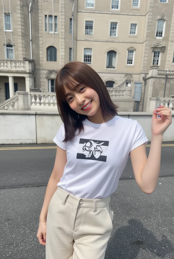 (smile:1.2), There is a woman in a white shirt and blue shorts, 80s sport clothing, clothes in the style of 1990, wearing adidas clothing, 1980's Minimal, dressed in a white t-shirt, 1980s catalogue photo, Clothed.1990's, 90s japan, Beautiful images