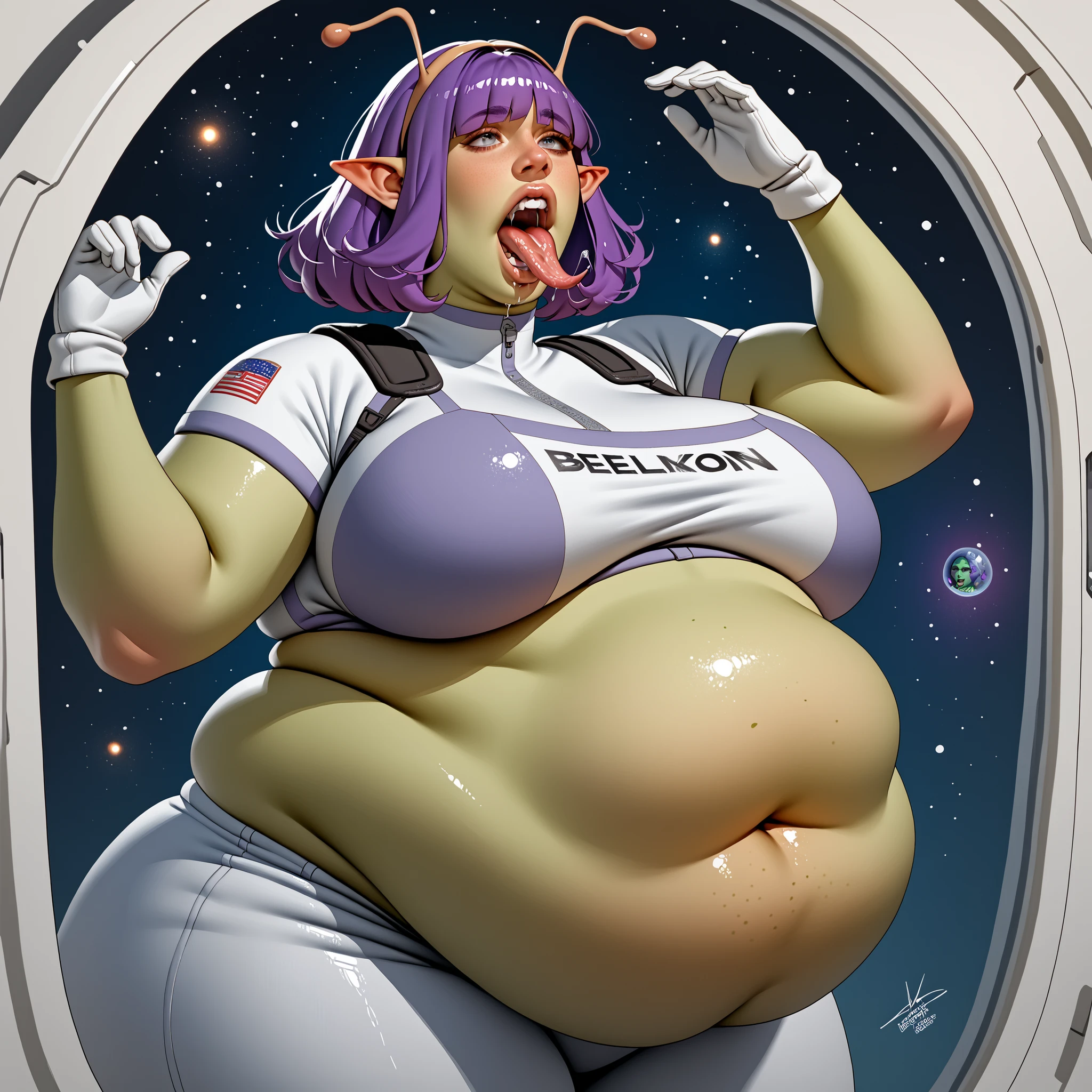 score_9, score_8_up, score_7_up, score_9, chubby alien woman lets out a powerful belch, mouth open tongue out, saliva flying from mouth. 

woman a chubby belly, before Vore: Green skinned alien BBW female with purple hair that covers her eyes. She has two antennas coming out of her hair and pointy ears. She is wearing a space suit that exposes her massive midriff. Her belly is budging with a person inside. 



 







 

