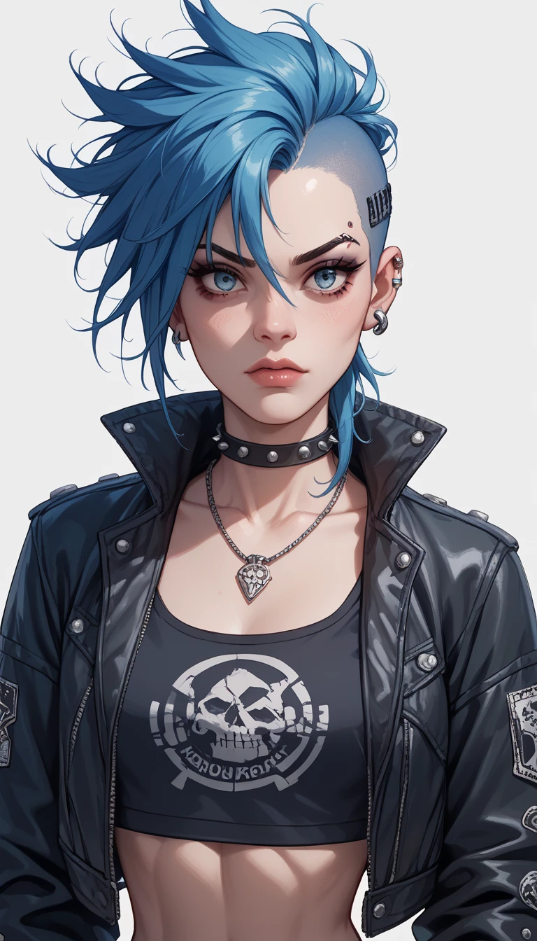 young girl, long turquoise hair, punk haircut, turquoise eyes, scars, punk make-up, leather jacket, Burns, ripped clothes, madness, smirk, Masterpiece, highly quality