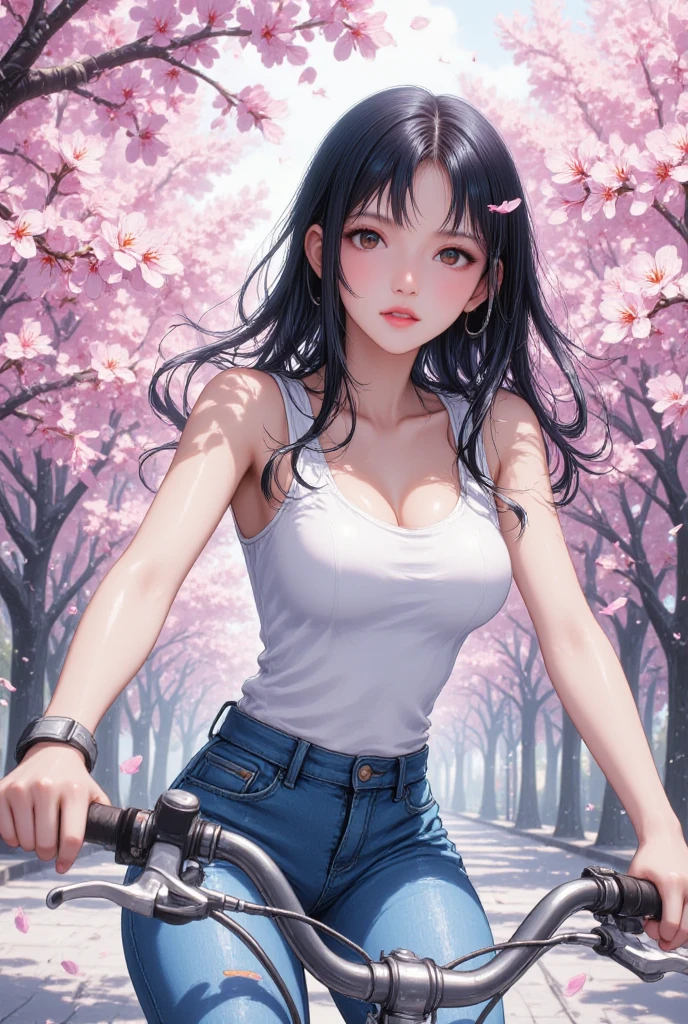 photo-realistic,realistic,RAW photo,masterpiece,best quality,highres,illustration,symmetrical, 1girl, skirtlift,(curtsy),(naked_shirt:1.5),,(t-shirt:1.5),(cleavage:1.5), delicate and pretty,perfect face,beautiful detailed eyes,fair skin,real human skin,pore,(medium_breasts:1.5),narrow waist,((skinny legs)), medium hair,(black hair), cherry blossom background, --auto --s2