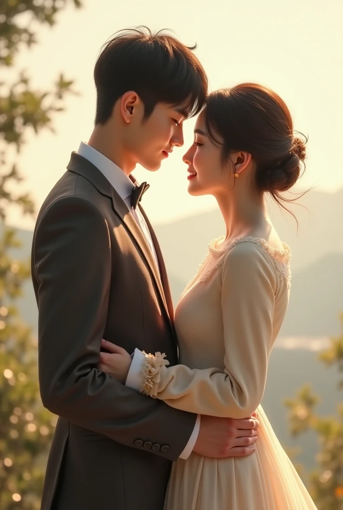 professional wedding photography, (Masterpiece), (intriciate detail), (photorealestic:1.3), (film grain:1.3), (perfect anatomia:1.3), epiCRealism, break, USA, at the Statue of Liberty, break, a romantic photoshoot of a handsome man and cute woman couple), wearing elegant outfits, holding hands,